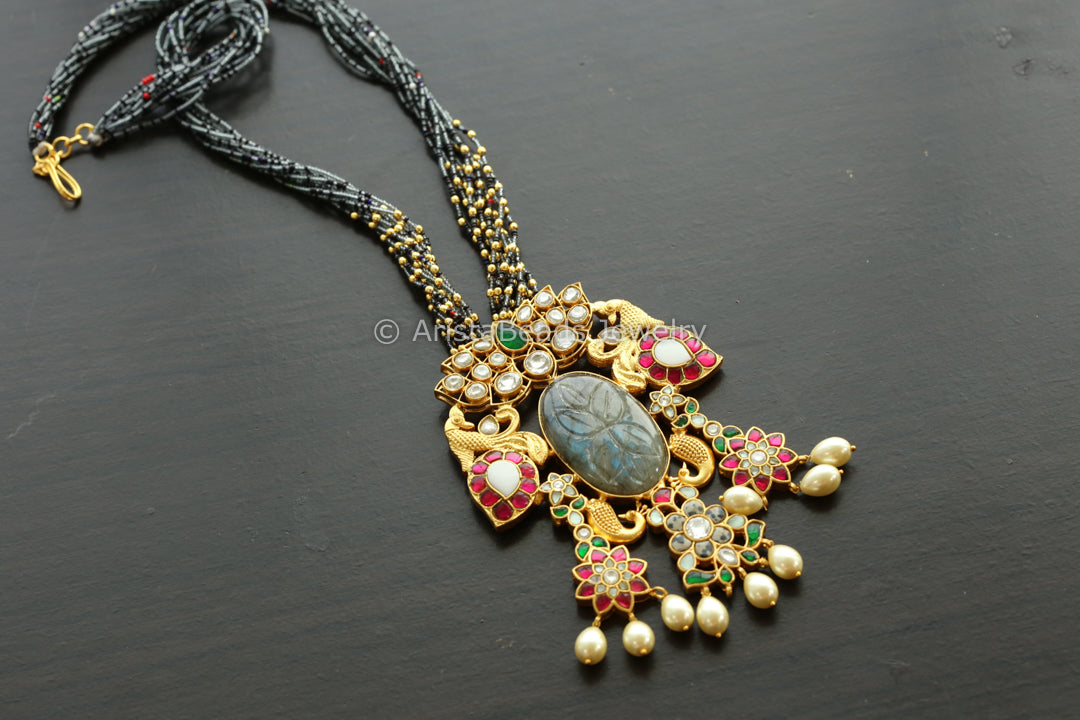 Carved Labradorite Jadau Kundan Fusion Necklace - Style5