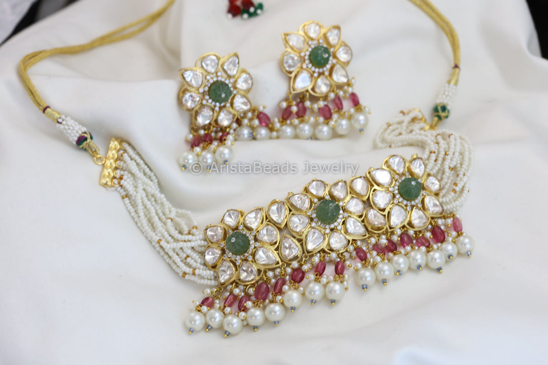 Real Moissanite Choker With Fluorite Melon Beads (103-70)