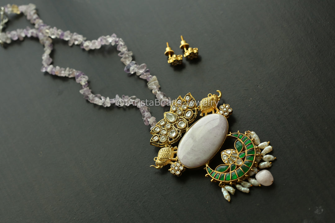 Jadau Kundan Fusion Necklace - Chalcedony ( Amethyst Chain)