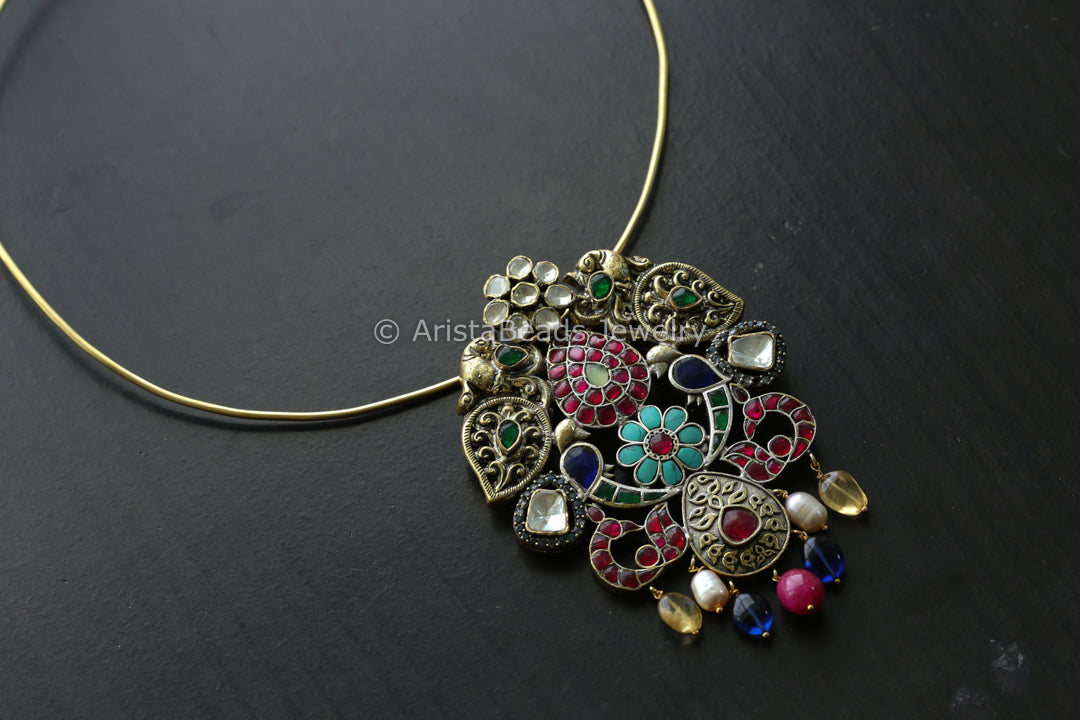 Moissanite Fusion Kundan Pendant- Real Pearls & Citrine Drops