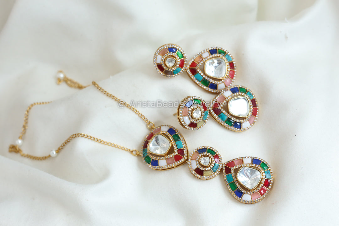 Jadau Kundan Moissanite Look Polki Kundan Set - Multicolor
