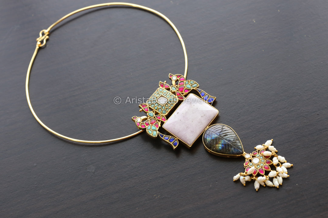 Chalcedony Kundan Fusion Necklace - Style 4(Removable Hasli)