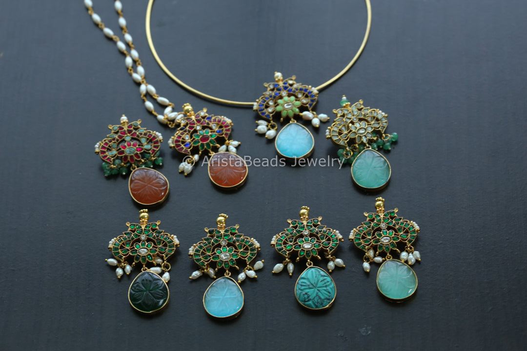 Dainty Jadau & Carved Stone Pendants - Hasli Or Pearl Chain