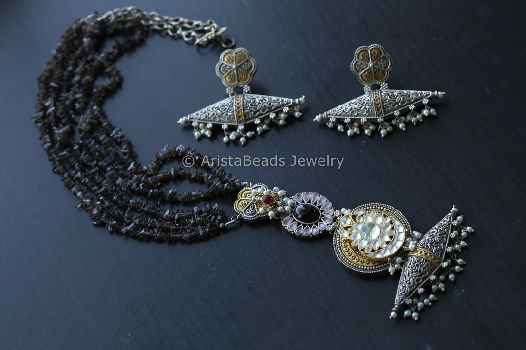 Fusion Kundan Dual Tone Necklace Set- Smokey Quartz Mala