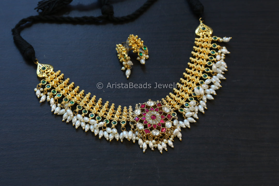 Gold Fusion Jadau Kundan Necklace Set - Style 3