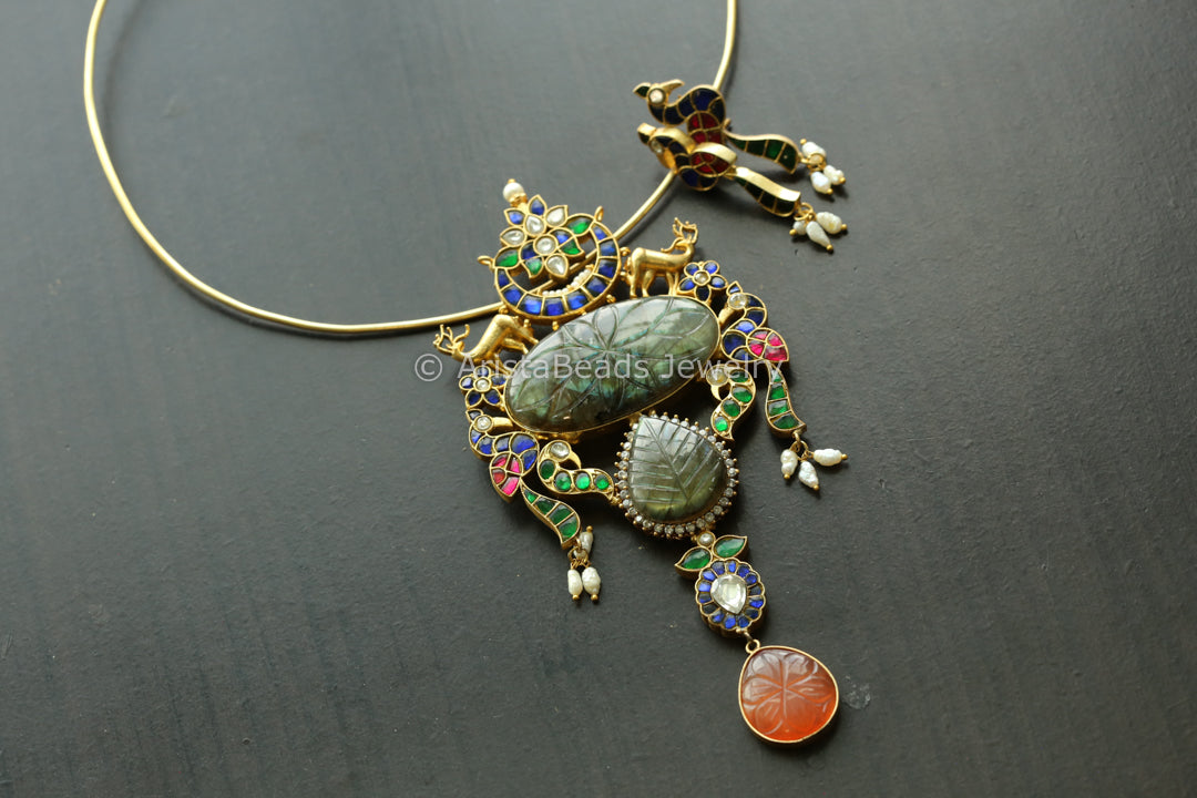 Designer Jadau Pendant Hasli Necklace - Carved Labradorite
