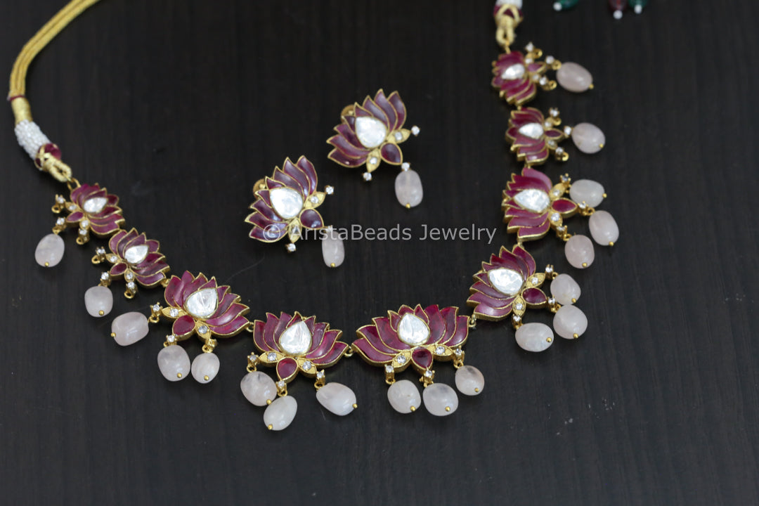 Ruby Jadau & Moissanites Lotus Necklace - Rose Quartz Drops