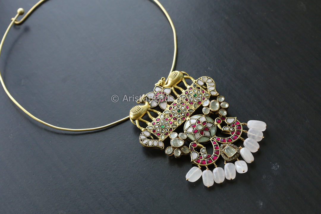 Moissanite Fusion Kundan Pendant- Rose Quartz Drops