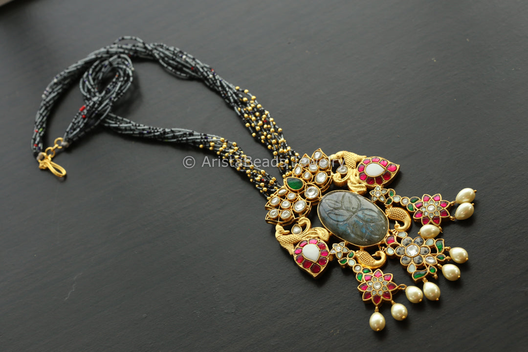 Carved Labradorite Jadau Kundan Fusion Necklace - Style5