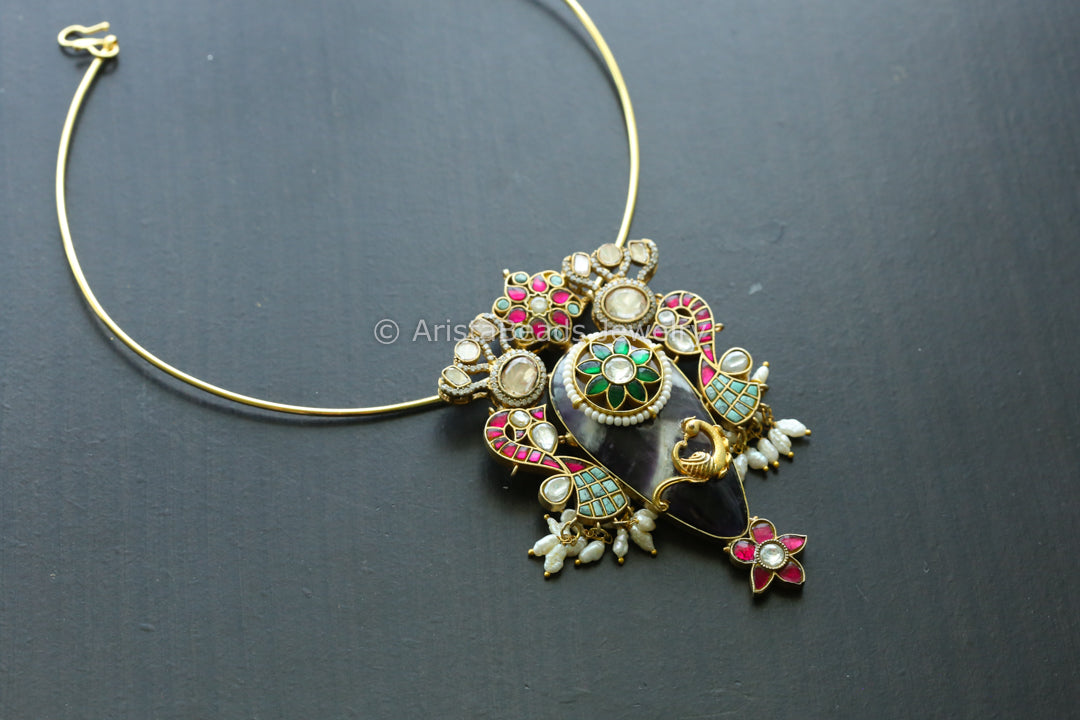 Amethyst & Moissanites Jadau Fusion Necklace - Style 3( Removable Hasli)