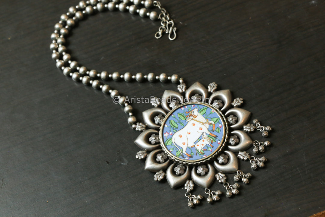 Pichwai Painting Silver Look Necklace - Nandi