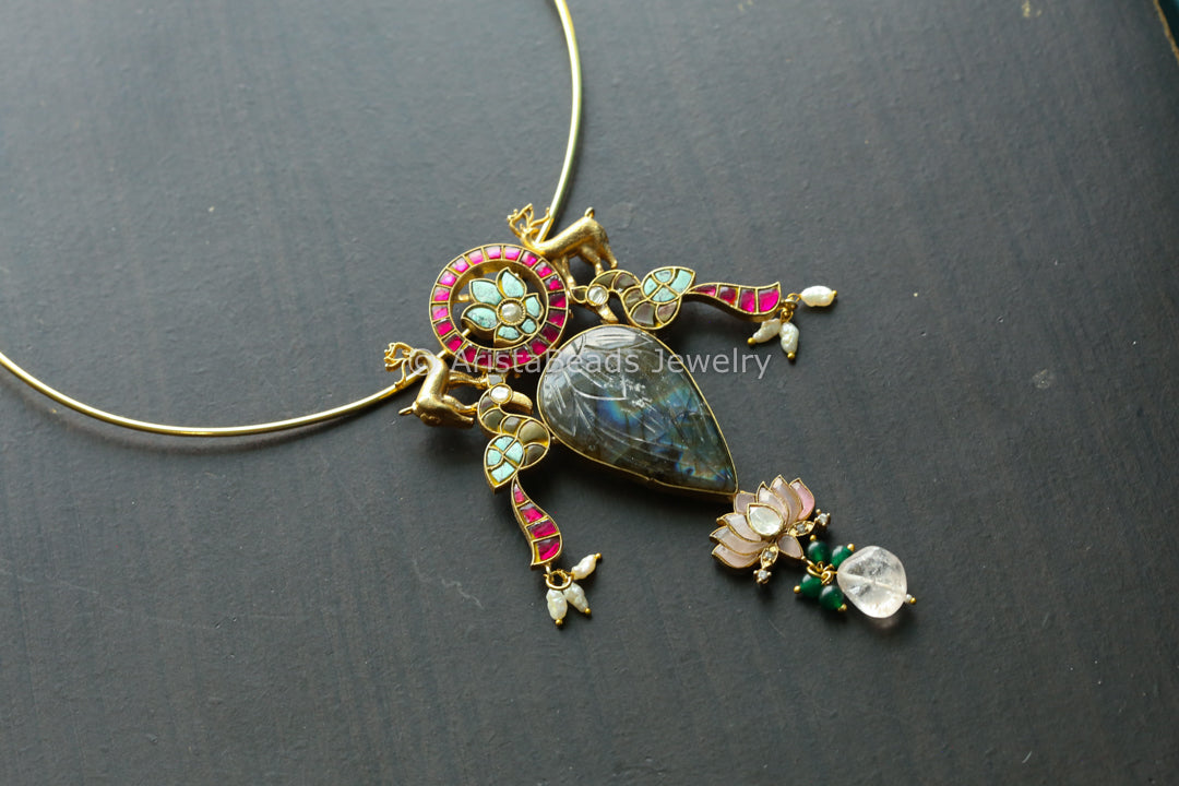 Fusion Jadau Kundan Pendant - Carved Labradorite (Hasli Removable)