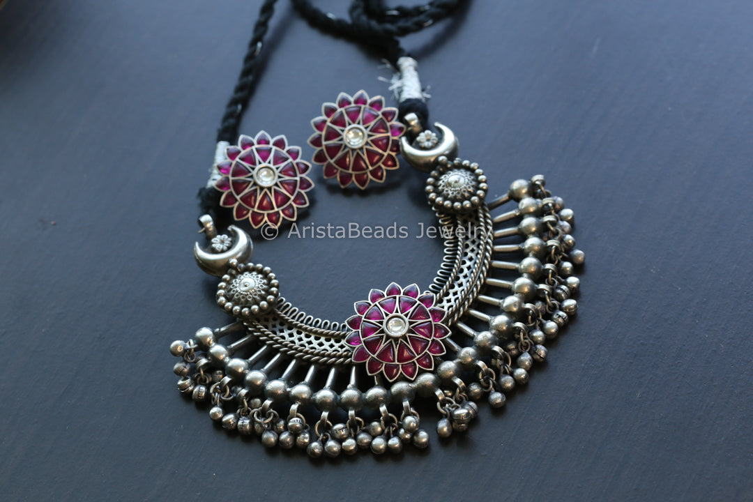 Silver Replica Necklace Set - Black Thread