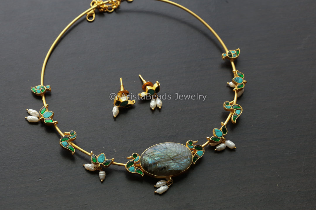 Turquoise Green Dainty Fusion Hasli Set- Labradorite