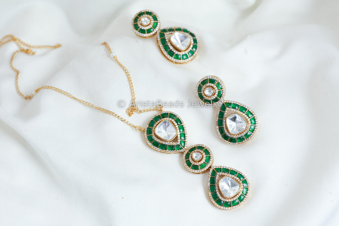 Jadau Kundan Moissanite Look Polki Kundan Set- Green