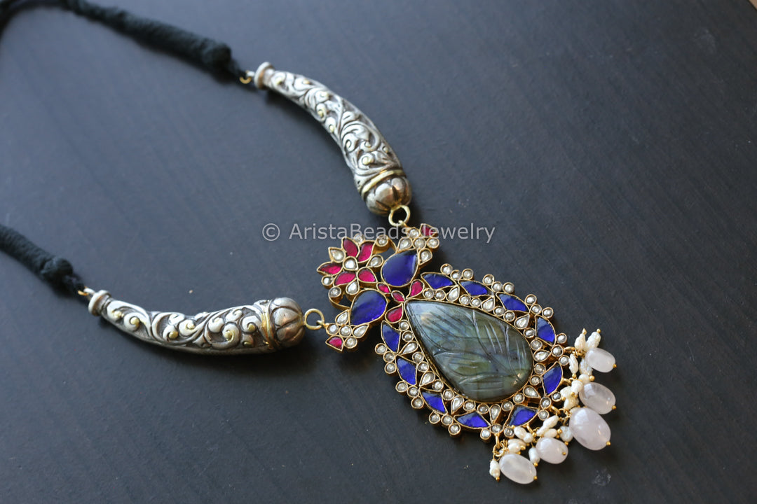 Blue Jadau Kundan Fusion Necklace - Carved Labradorite