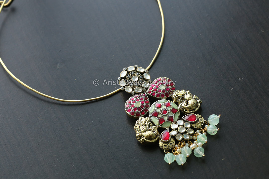 Moissanite Fusion Kundan Pendant- Mint Melon Drops