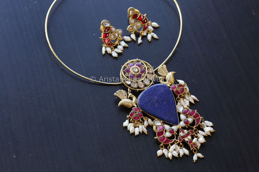 Handmade Fusion Jadau Pendant -Lapis (Removable Hasli)