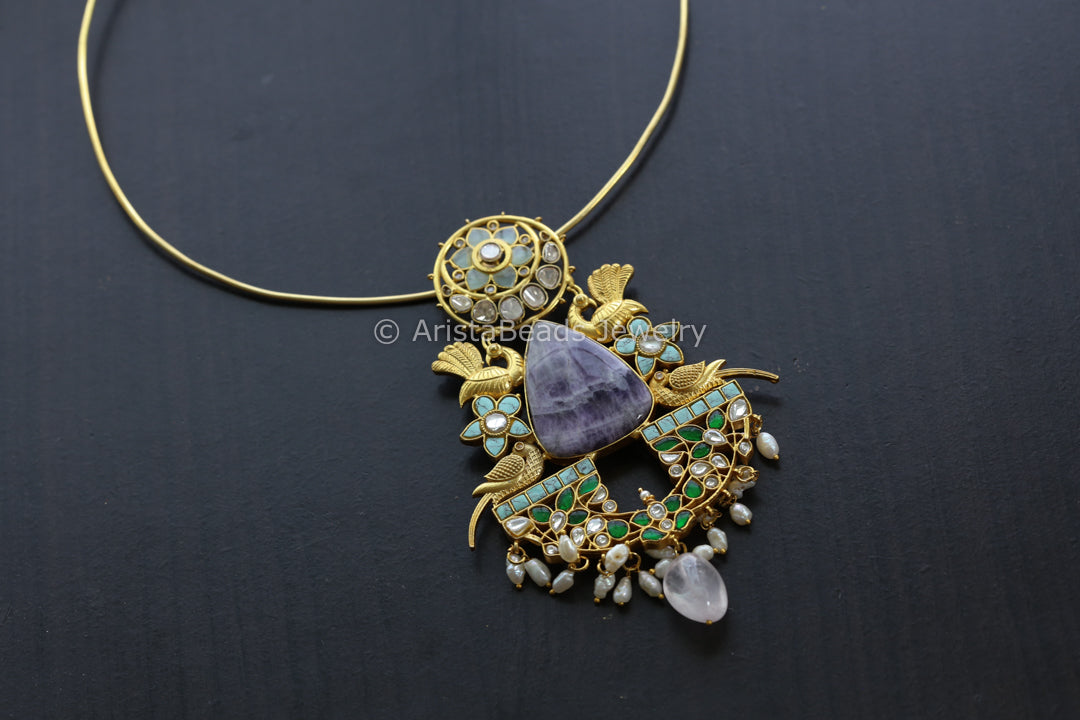 Designer Jadau Pendant Hasli Necklace - Amethyst