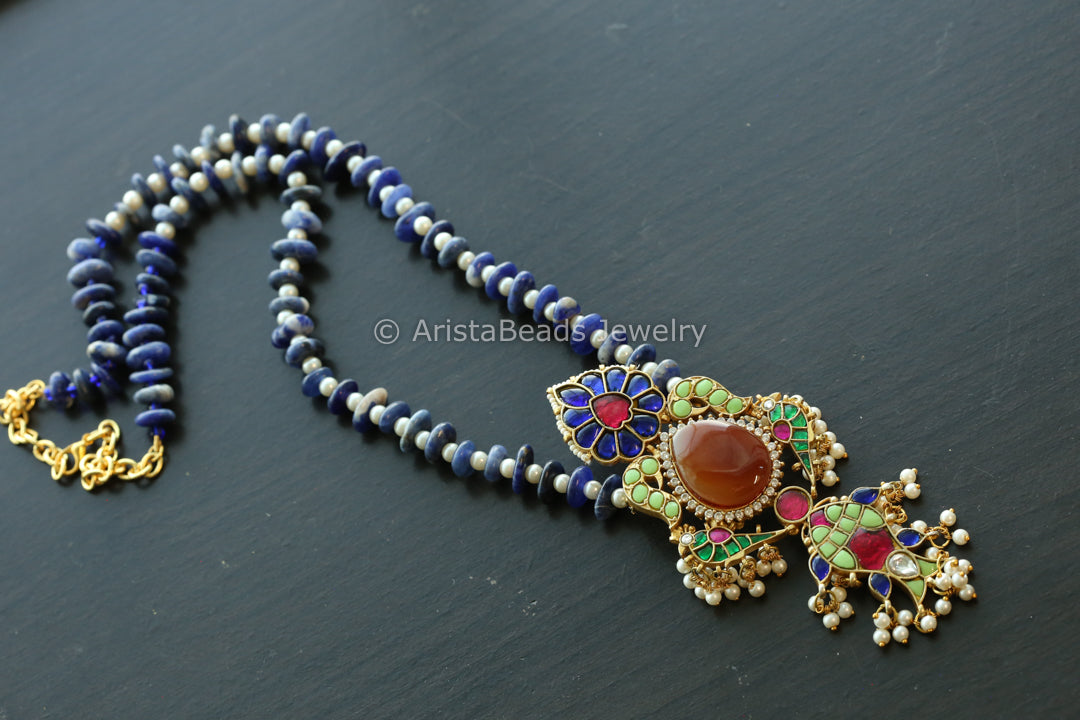 Carnelian Jadau Kundan Fusion Necklace - Style1 (Lapis mala)