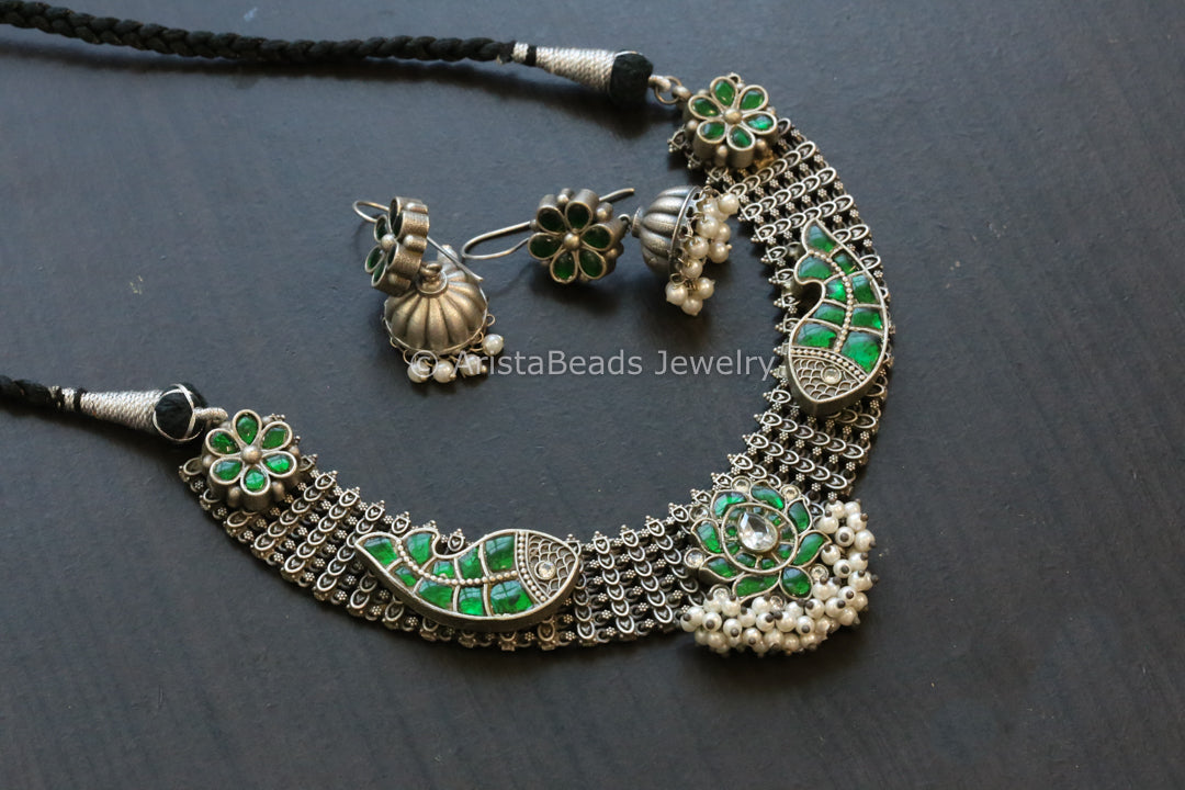 Next To Real Silver Jadau Fusion Necklace Set - Green