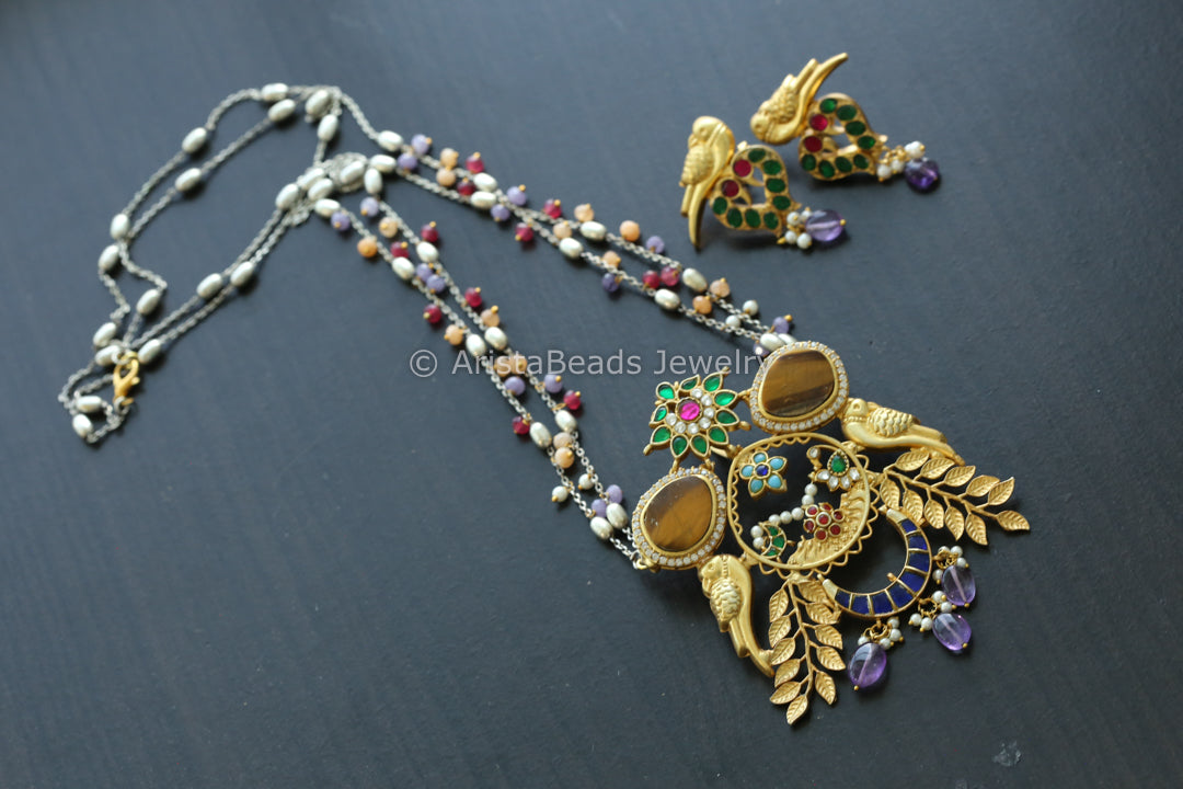 Handmade Jadau Necklace - Tiger Eye