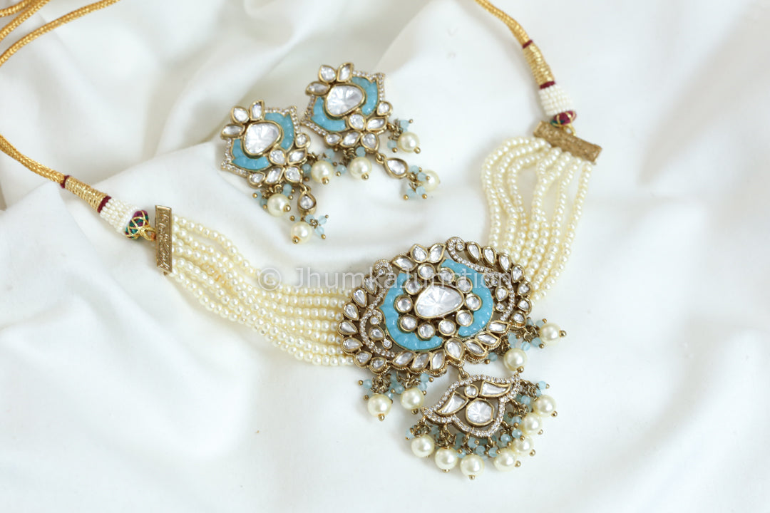Moissanite Look Kundan Polki Necklace - Aqua