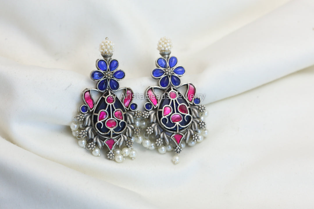 Silver Look Alike Earrings - Blue Ruby