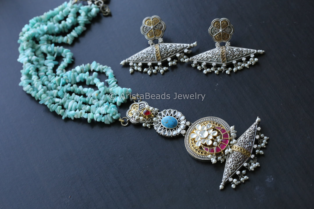 Fusion Kundan Dual Tone Necklace Set- Turquoise