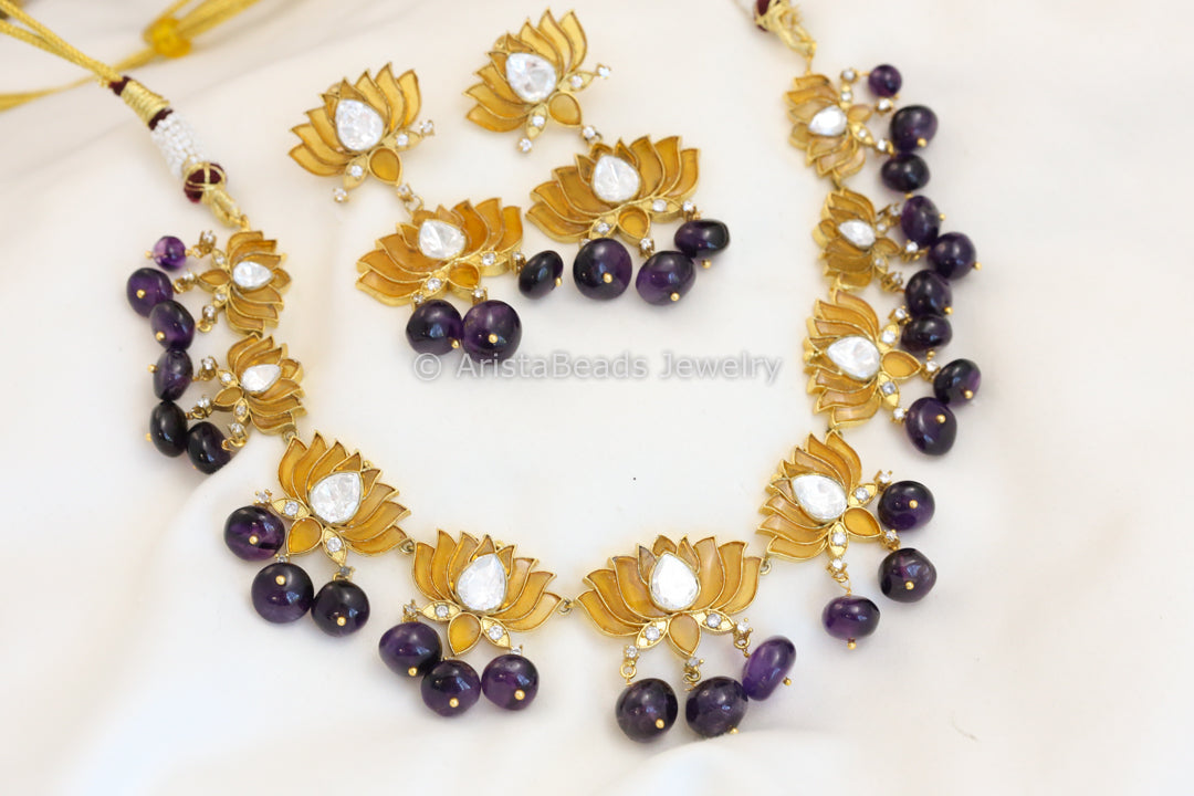 Mustard Talpe Jadau Work Lotus Necklace - Amethyst Drops