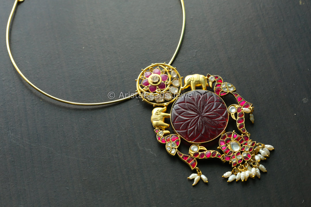 Fusion Jadau Kundan Pendant - Red Carved Stone (Hasli Removable)