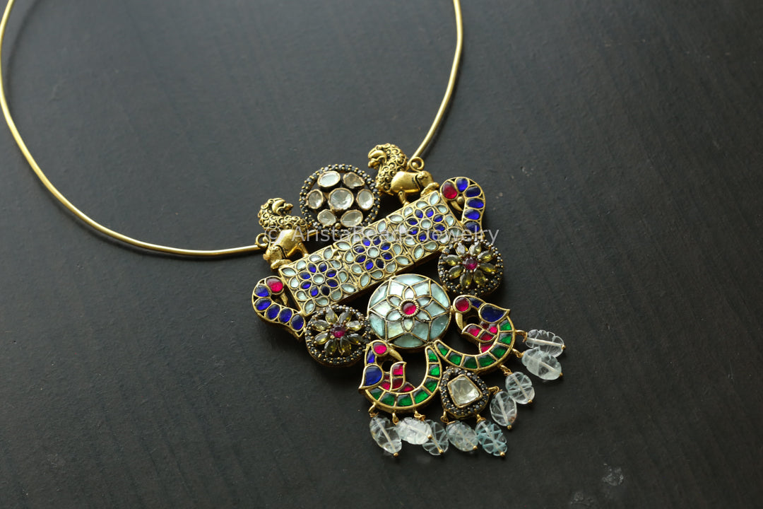 Moissanite Fusion Kundan Pendant- Carved Aquamarine Drops