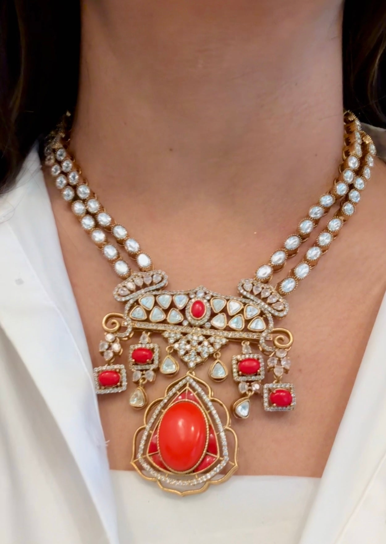 Victorian Moissanite Look Polki & Pota Doublet Set - Coral