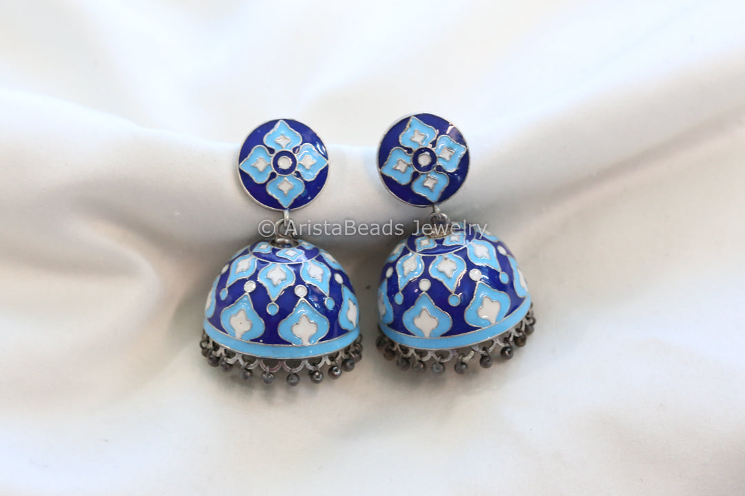 Enamel Jhumka - Turquoise, Blue & White