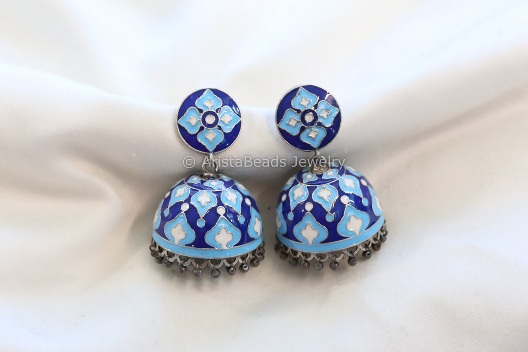 Enamel Jhumka - Turquoise, Blue & White