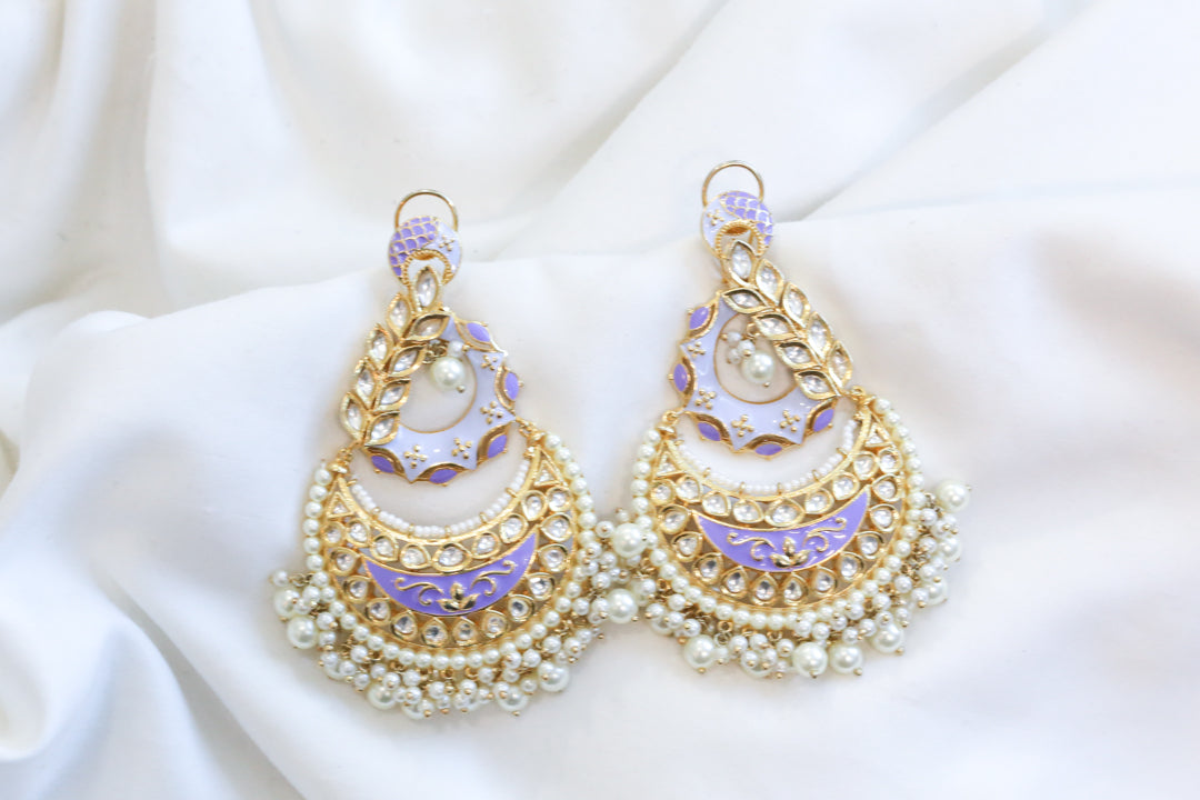 Enamel Kundan Chandbaali -Lavender