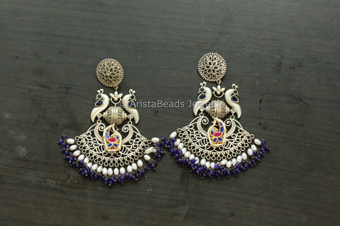 Large Blue Fusion Kundan Earrings