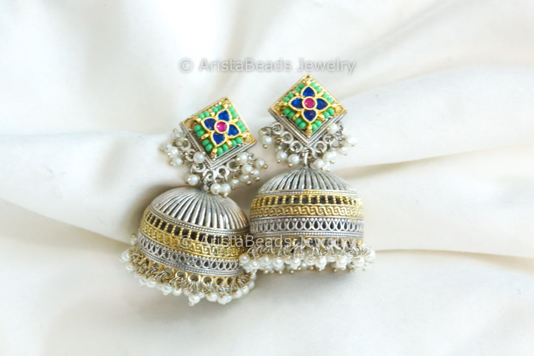 Blue Green Fusion Kundan Jhumka