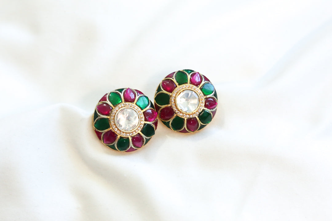 Uncut Moissanite Polki & Jadau Kundan Studs- Ruby Green