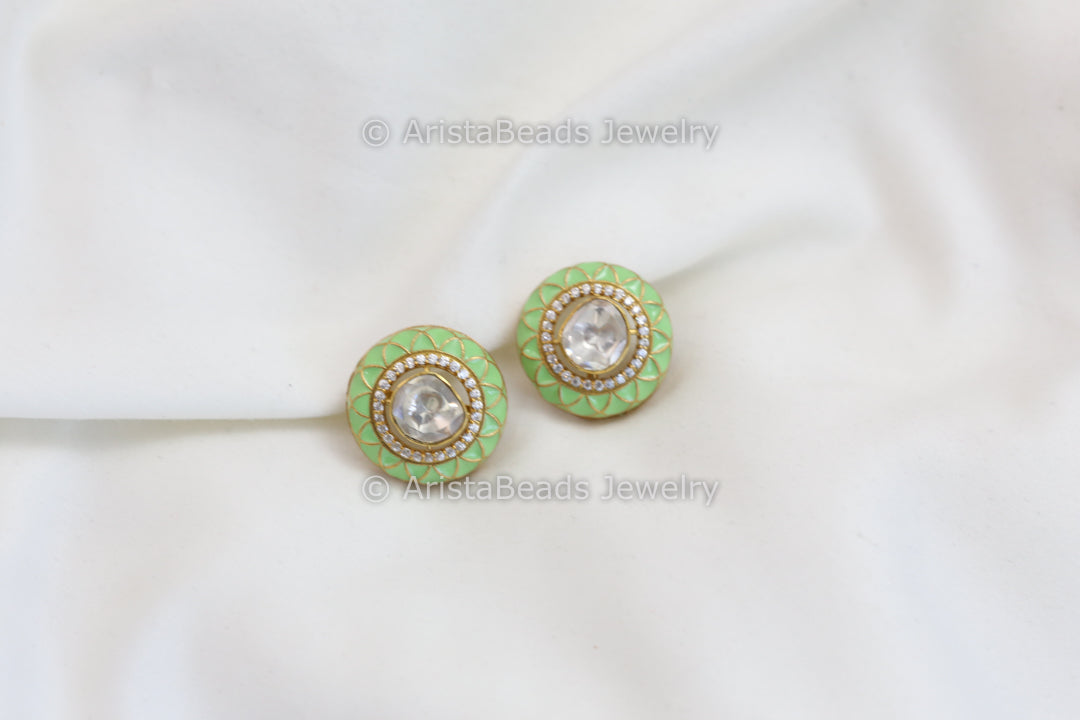 Real Moissanite & Green Enamel Studs