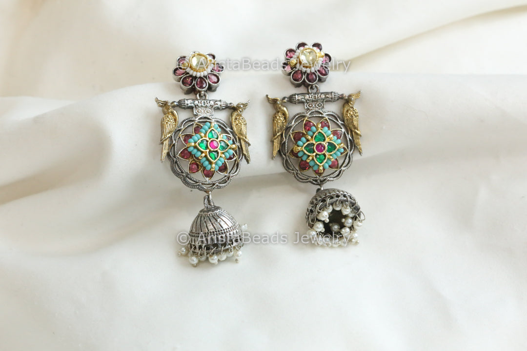 Green Turquoise Fusion Dual Tone Earrings Jhumka
