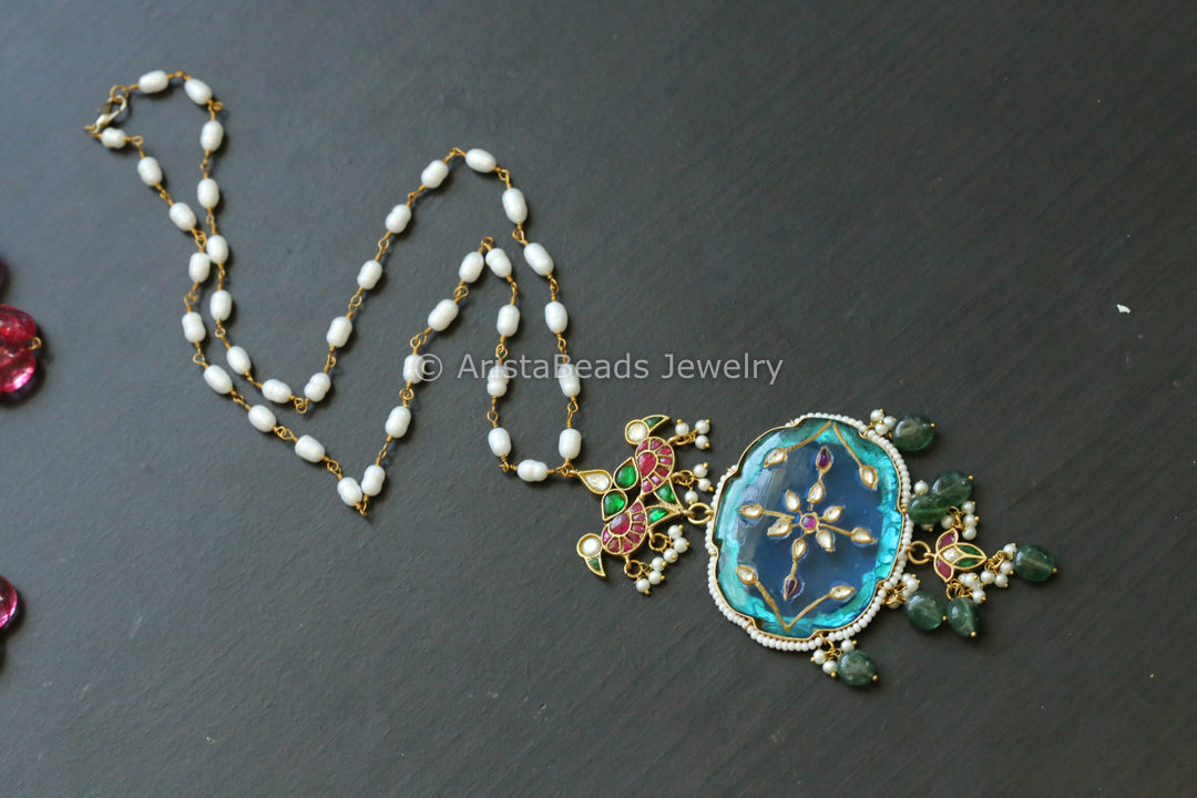 Inlay work Jadau Fusion Pendant - Real Pearl Mala