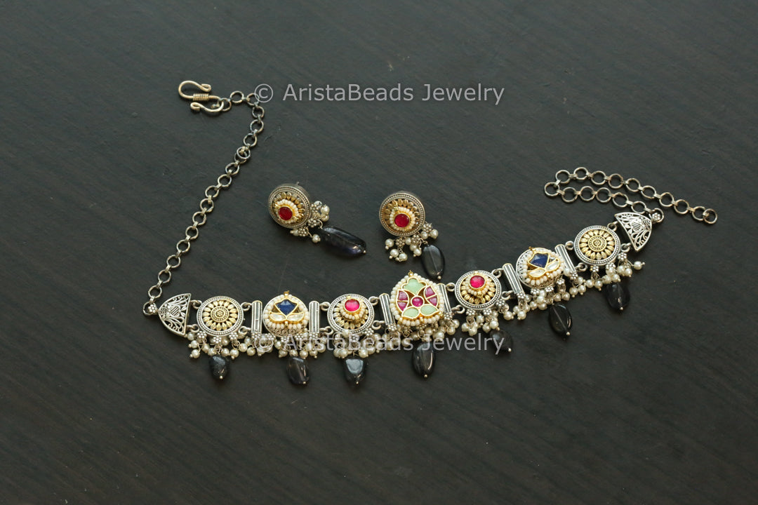 Silver Replica Fusion Kundan Necklace Set - Style 4