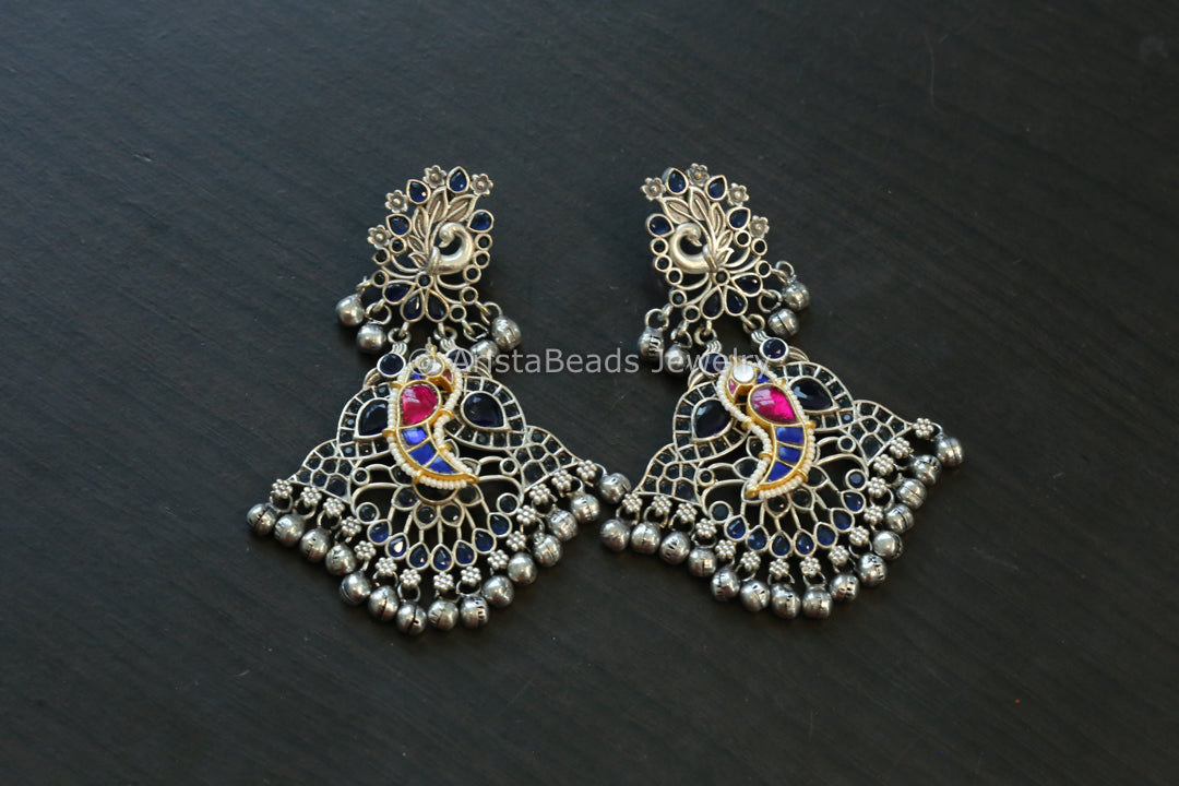 Large Blue Fusion Kundan Earrings