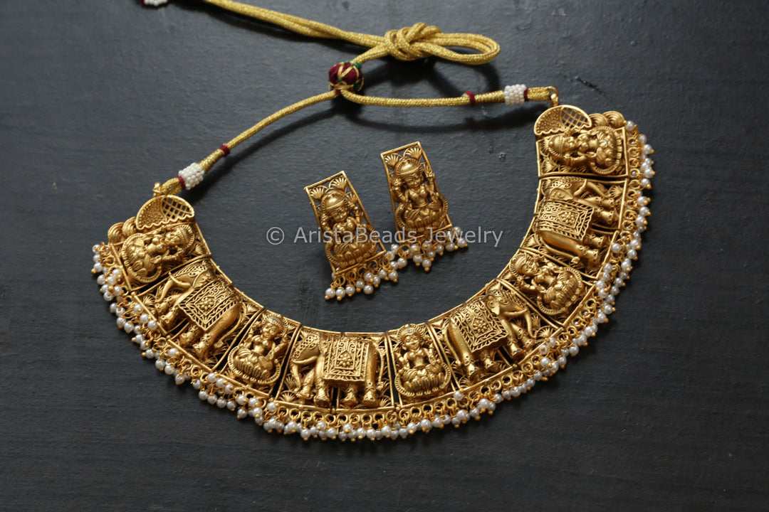 Matt Antique Gold Lakshmi Necklace Set