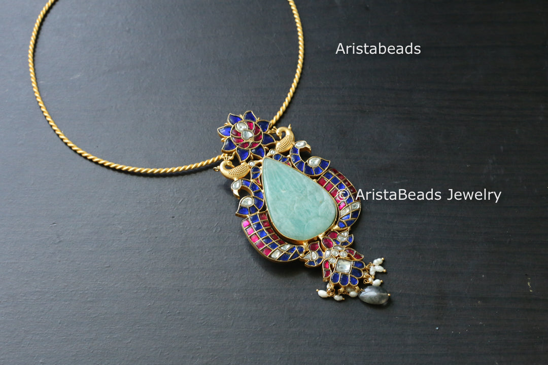 Green Chalcedony Jadau Fusion Pendant (Removable Hasli)