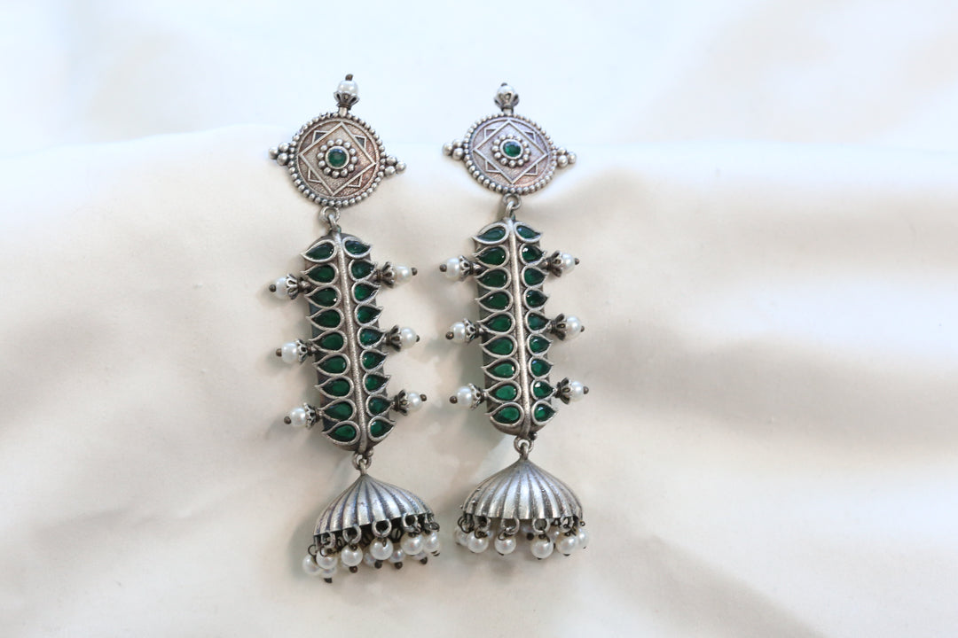 Green Silver Finish Brass Jhumka