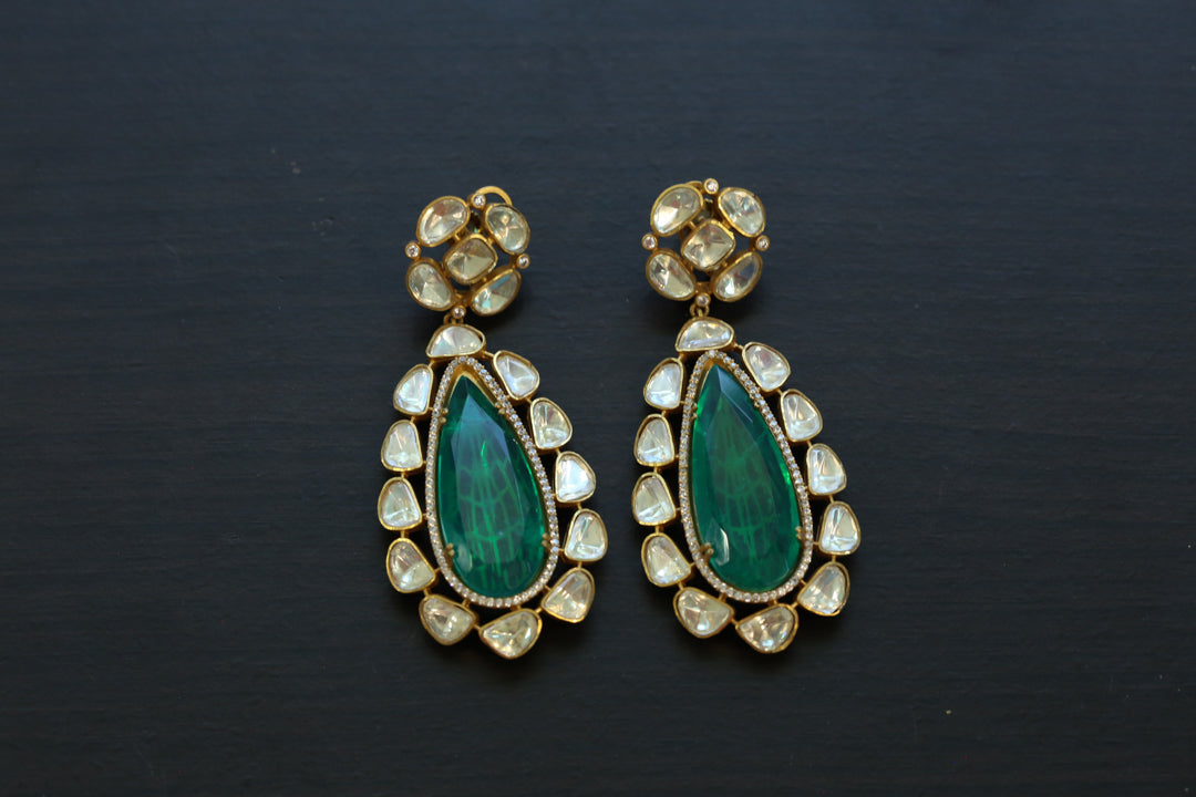 Long Real Moissanite & Green Doublet Earrings