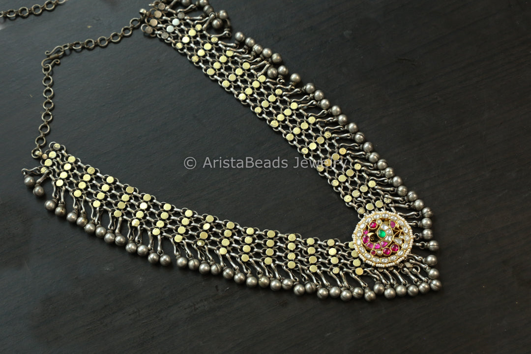 Long Oxidized Silver Look Alike Fusion Neclace
