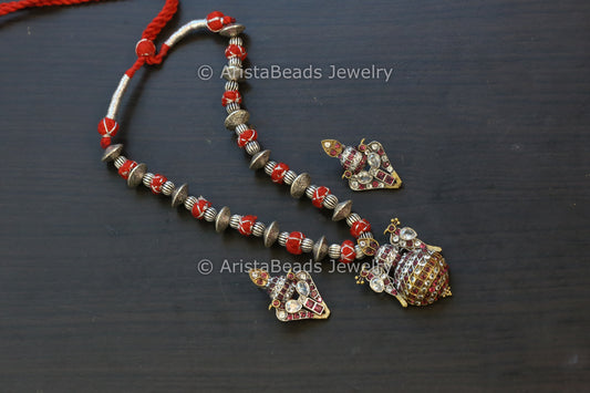 Kalash Silver Jadau Look Necklace Set - Red